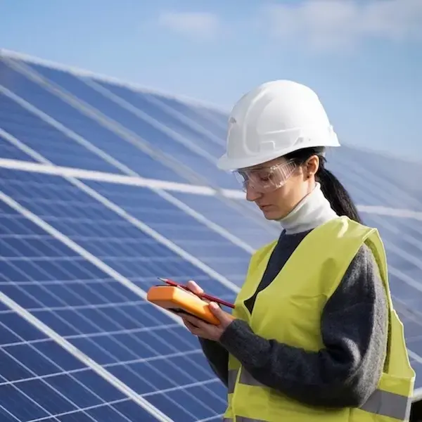 Ingénieure vérifiant les panneaux solaires avec un outil de mesure
